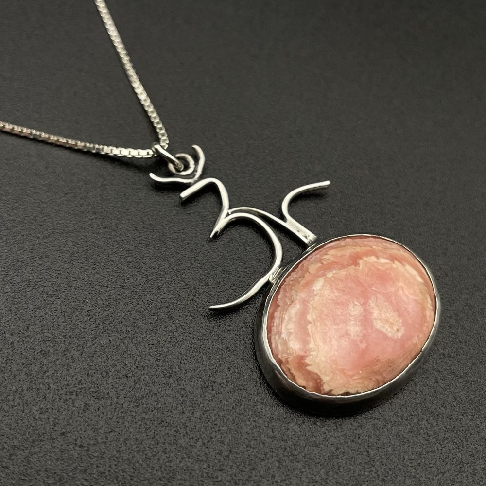 Sterling 925‎ Pink Rhodochrosite Om Pendant Necklace 22" Artisan